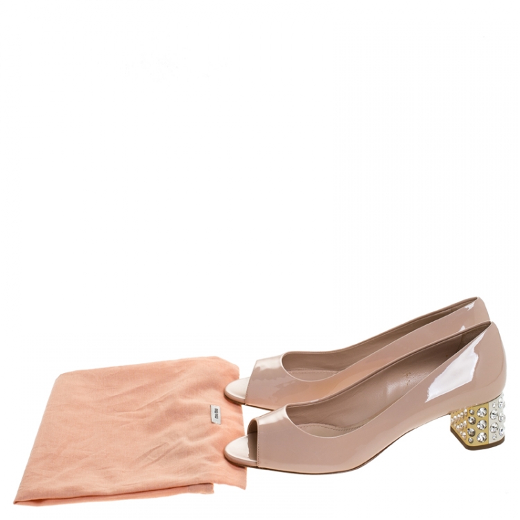 Pre Owned Miu Miu Beige Patent Leather Peep Toe Embellished Block Heel Pumps Size 37