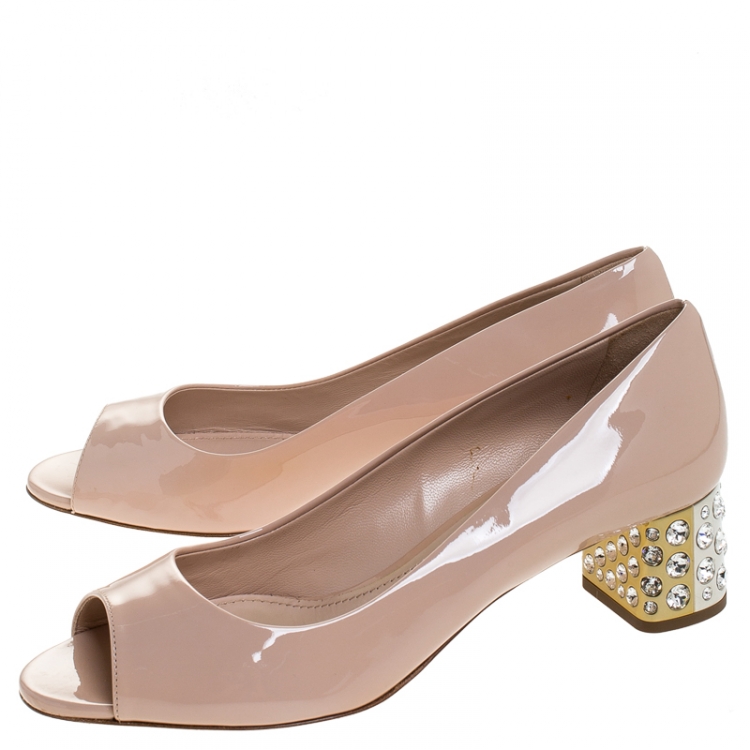 Pre Owned Miu Miu Beige Patent Leather Peep Toe Embellished Block Heel Pumps Size 37