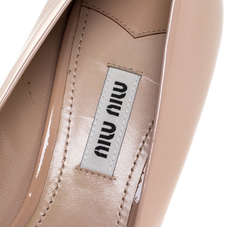 Pre Owned Miu Miu Beige Patent Leather Peep Toe Embellished Block Heel Pumps Size 37