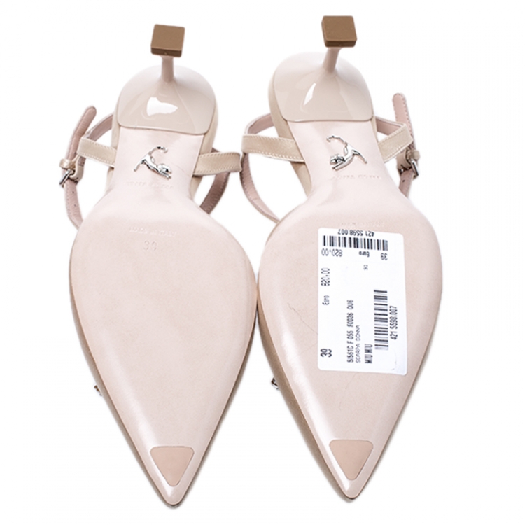Pre Owned Miu Miu Beige Satin Crystal Embellished Ankle Strap Sandals Size 39