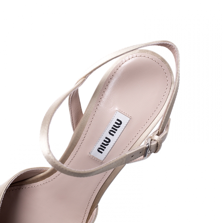 Pre Owned Miu Miu Beige Satin Crystal Embellished Ankle Strap Sandals Size 39