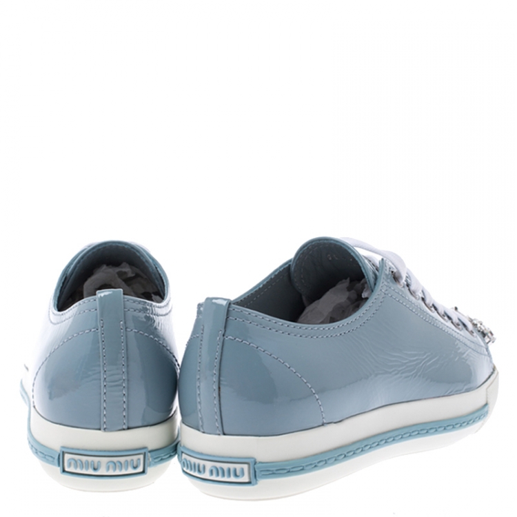Pre Owned Miu Miu Blue Patent Leather Crystal Embellished Cap Toe Lace Up Sneakers Size 36.5
