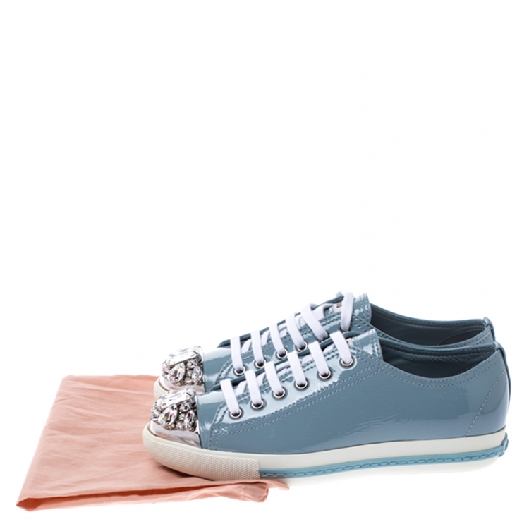 Pre Owned Miu Miu Blue Patent Leather Crystal Embellished Cap Toe Lace Up Sneakers Size 36.5