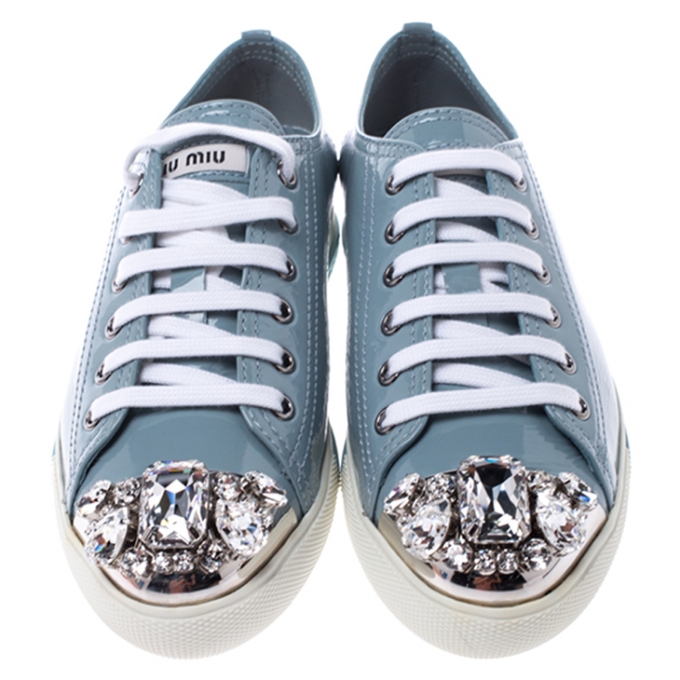 Pre Owned Miu Miu Blue Patent Leather Crystal Embellished Cap Toe Lace Up Sneakers Size 36.5