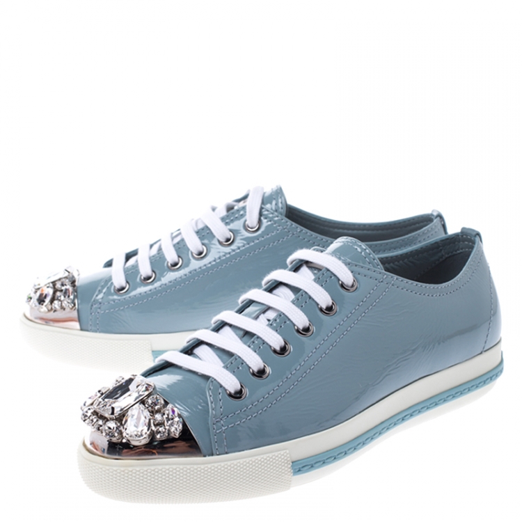 Pre Owned Miu Miu Blue Patent Leather Crystal Embellished Cap Toe Lace Up Sneakers Size 36.5