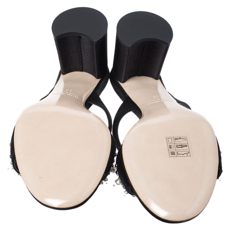 Pre Owned Miu Miu Black Crystal And Pearl Embellished Satin Slide Sandals Size 35