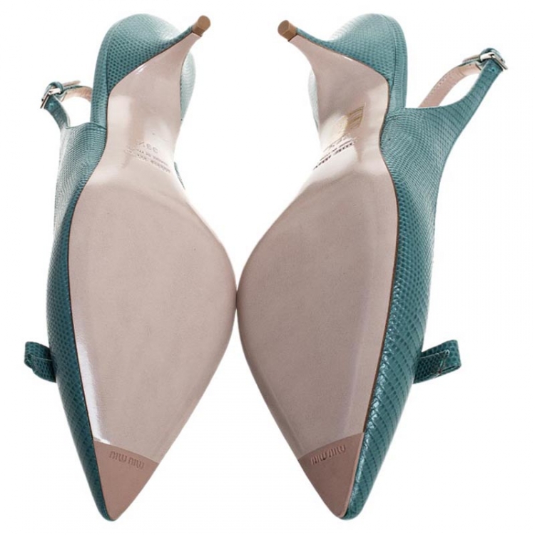 Pre Owned Miu Miu Baby Blue Embossed Lizard Leather Bow Detail Slingback Pointed Toe Sandals Size 39.5