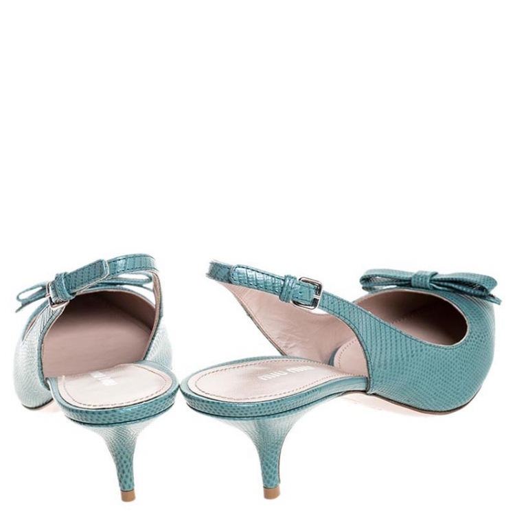 Pre Owned Miu Miu Baby Blue Embossed Lizard Leather Bow Detail Slingback Pointed Toe Sandals Size 39.5