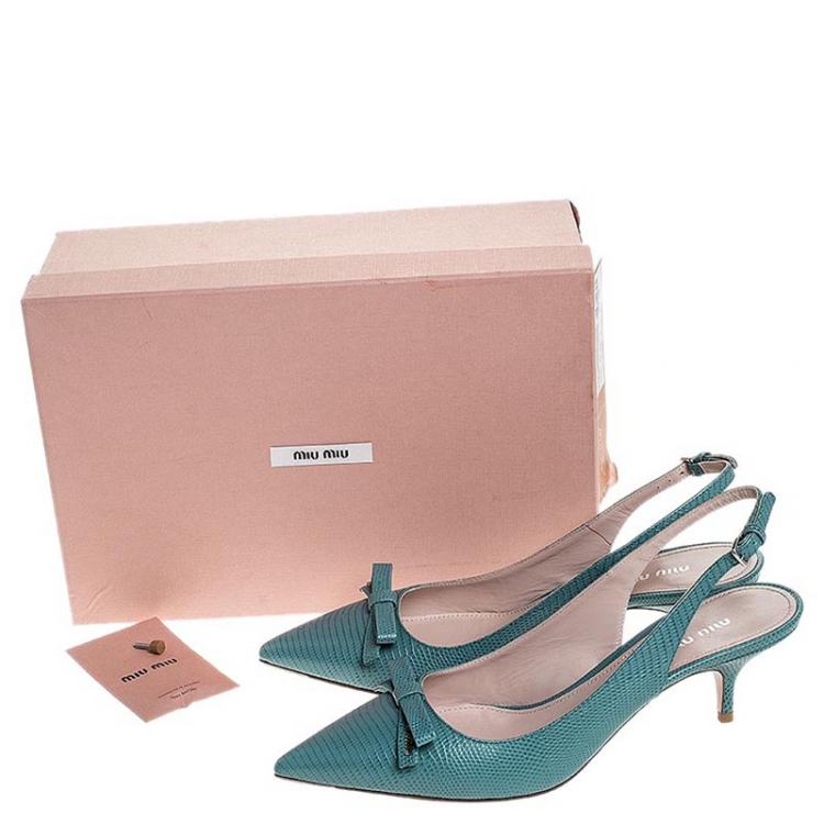 Pre Owned Miu Miu Baby Blue Embossed Lizard Leather Bow Detail Slingback Pointed Toe Sandals Size 39.5