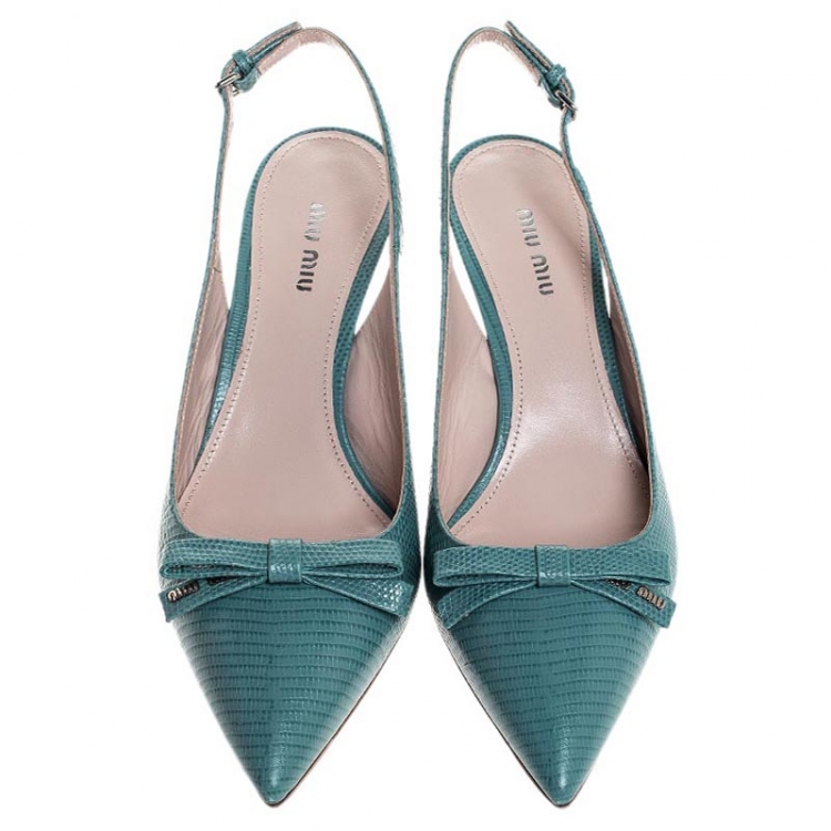 Pre Owned Miu Miu Baby Blue Embossed Lizard Leather Bow Detail Slingback Pointed Toe Sandals Size 39.5