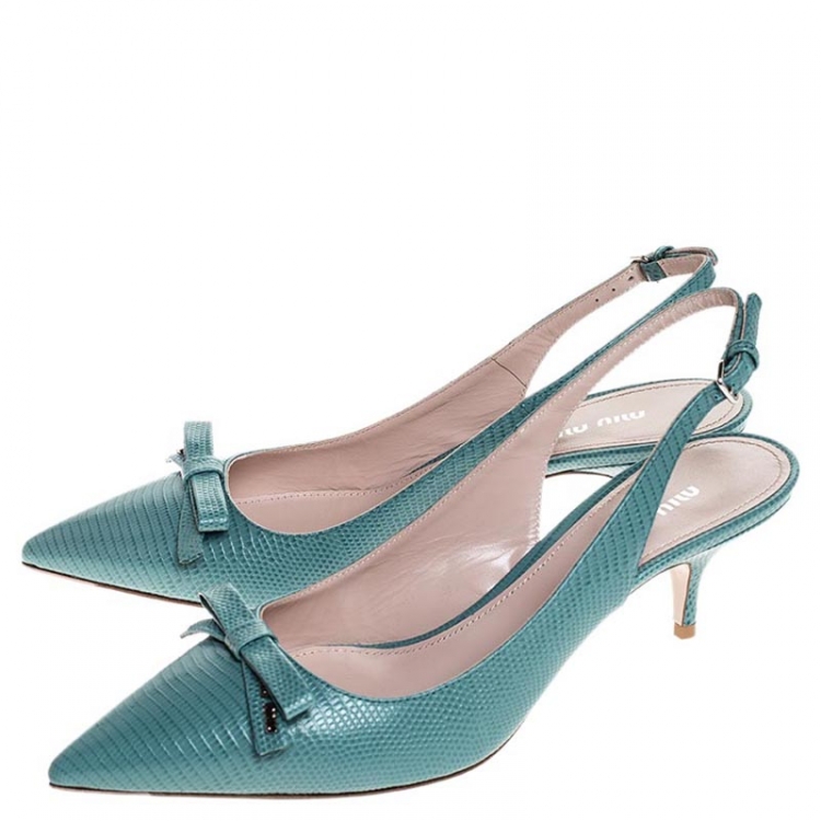 Pre Owned Miu Miu Baby Blue Embossed Lizard Leather Bow Detail Slingback Pointed Toe Sandals Size 39.5