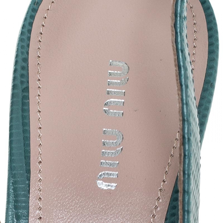 Pre Owned Miu Miu Baby Blue Embossed Lizard Leather Bow Detail Slingback Pointed Toe Sandals Size 39.5