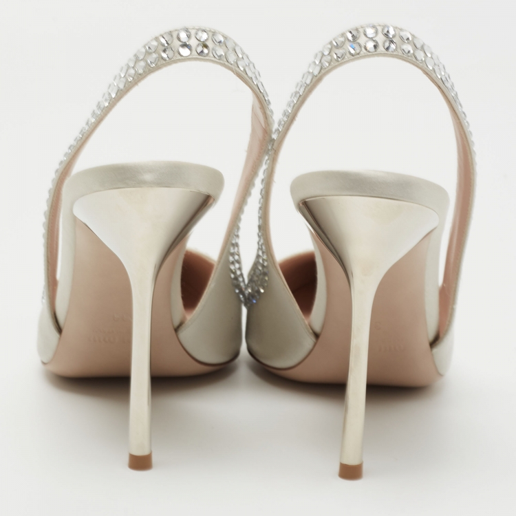 Pre Owned Miu Miu Grey Satin Crystal Embellished Slingback Pumps Size 38