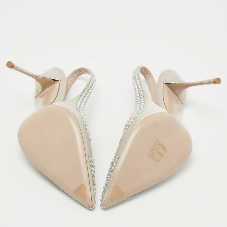 Pre Owned Miu Miu Grey Satin Crystal Embellished Slingback Pumps Size 38