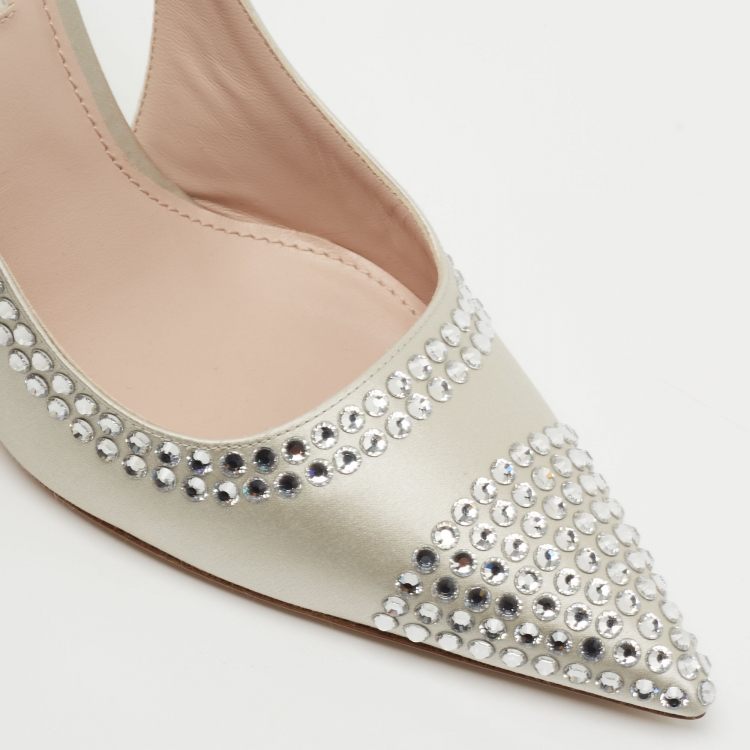 Pre Owned Miu Miu Grey Satin Crystal Embellished Slingback Pumps Size 38