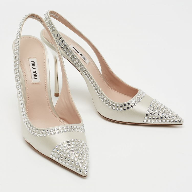 Pre Owned Miu Miu Grey Satin Crystal Embellished Slingback Pumps Size 38