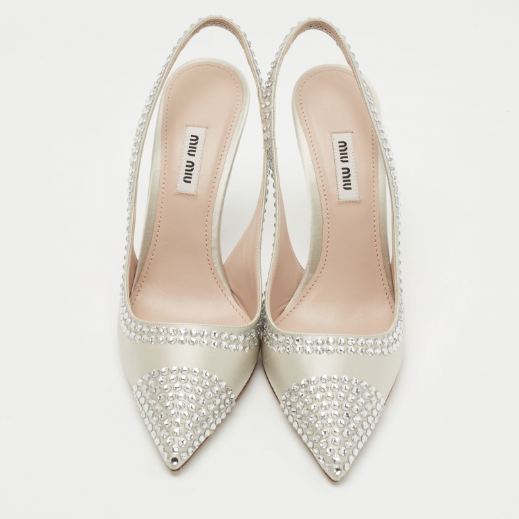 Pre Owned Miu Miu Grey Satin Crystal Embellished Slingback Pumps Size 38