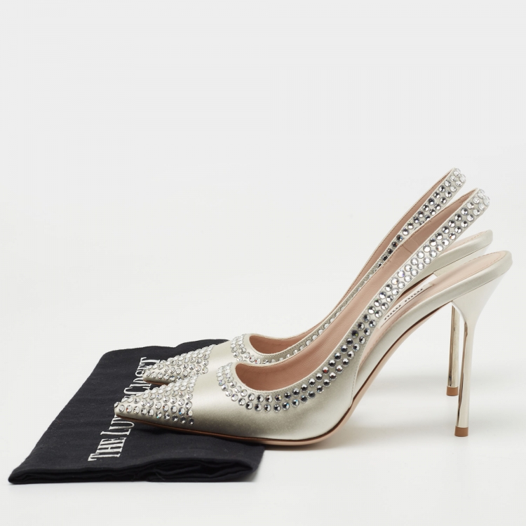Pre Owned Miu Miu Grey Satin Crystal Embellished Slingback Pumps Size 38