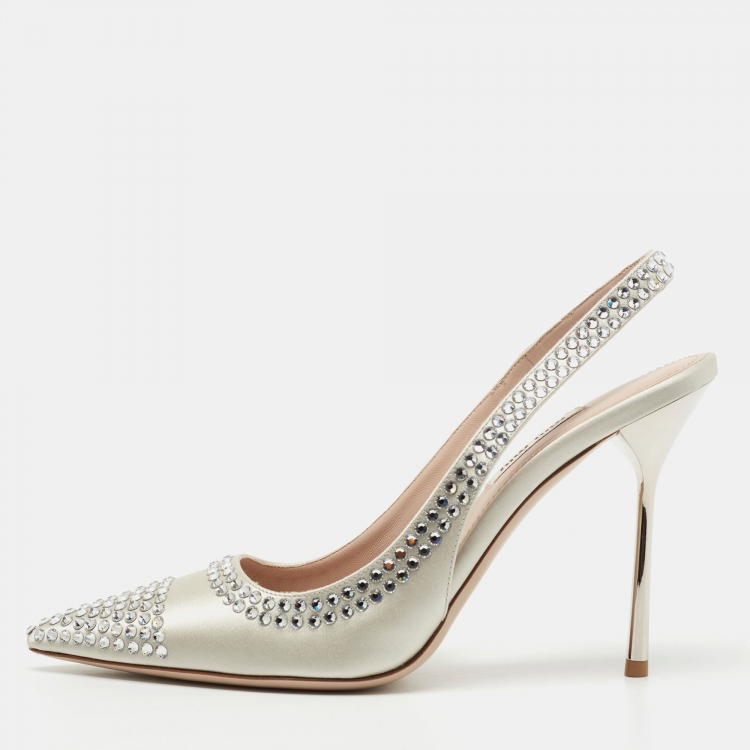 パンプス MiuMiu | Satin and crystal slingback pumps Miu Miu Grey Satin Crystal Embellished Slingback Pumps Size