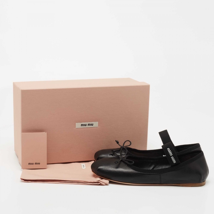 Pre Owned Miu Miu Black Leather Mary Jane Bow Ballet Flats Size 37.5