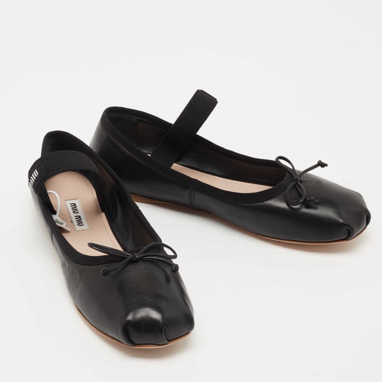 Pre Owned Miu Miu Black Leather Mary Jane Bow Ballet Flats Size 37.5