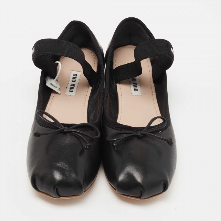 Pre Owned Miu Miu Black Leather Mary Jane Bow Ballet Flats Size 37.5