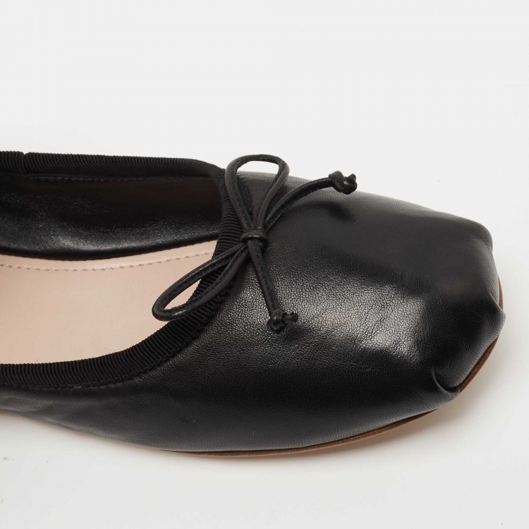 Pre Owned Miu Miu Black Leather Mary Jane Bow Ballet Flats Size 37.5