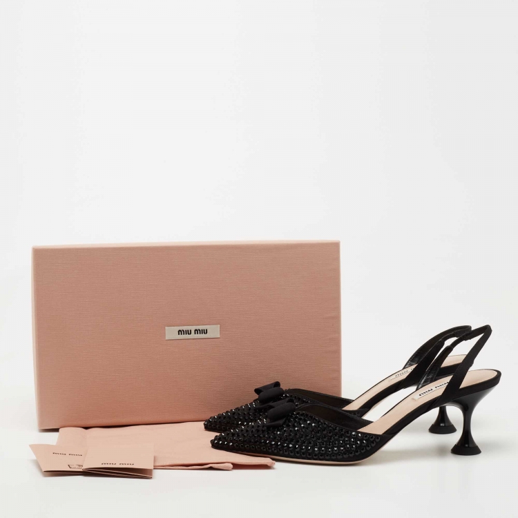 Pre Owned Miu Miu Black Crystal Embellished Satin Bow Slingback Pumps Size 37.5