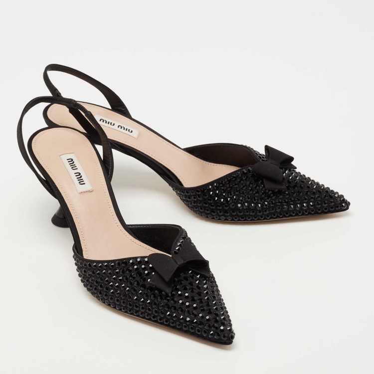 Pre Owned Miu Miu Black Crystal Embellished Satin Bow Slingback Pumps Size 37.5
