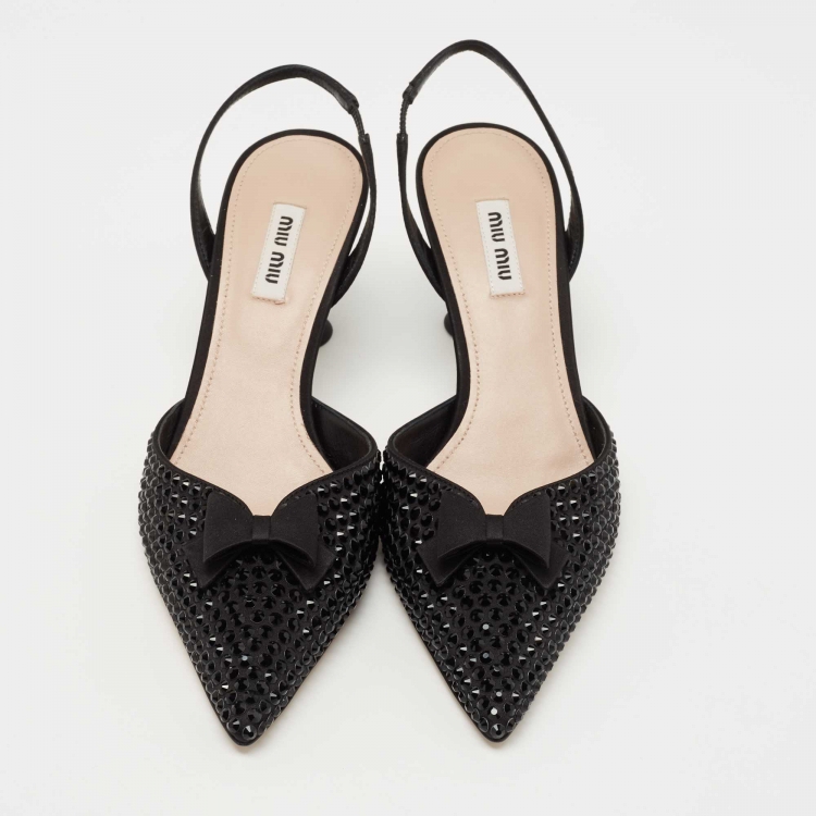 Pre Owned Miu Miu Black Crystal Embellished Satin Bow Slingback Pumps Size 37.5