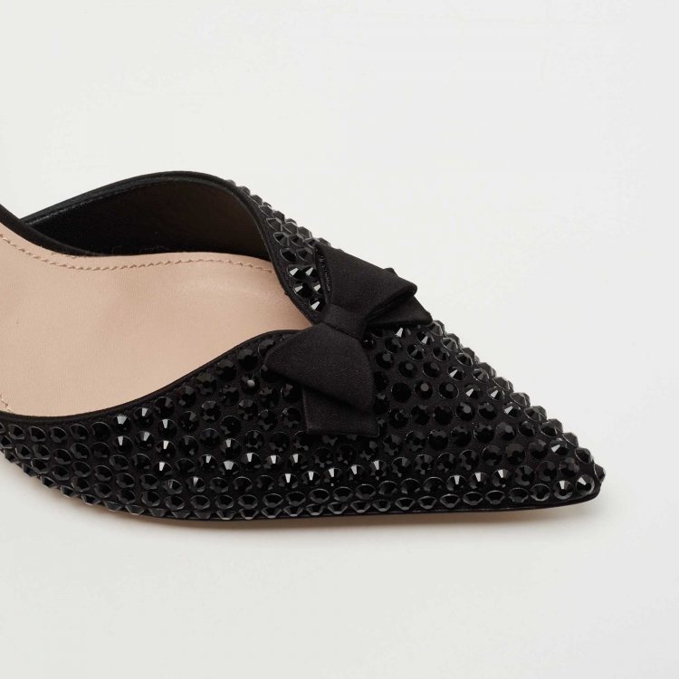 Pre Owned Miu Miu Black Crystal Embellished Satin Bow Slingback Pumps Size 37.5