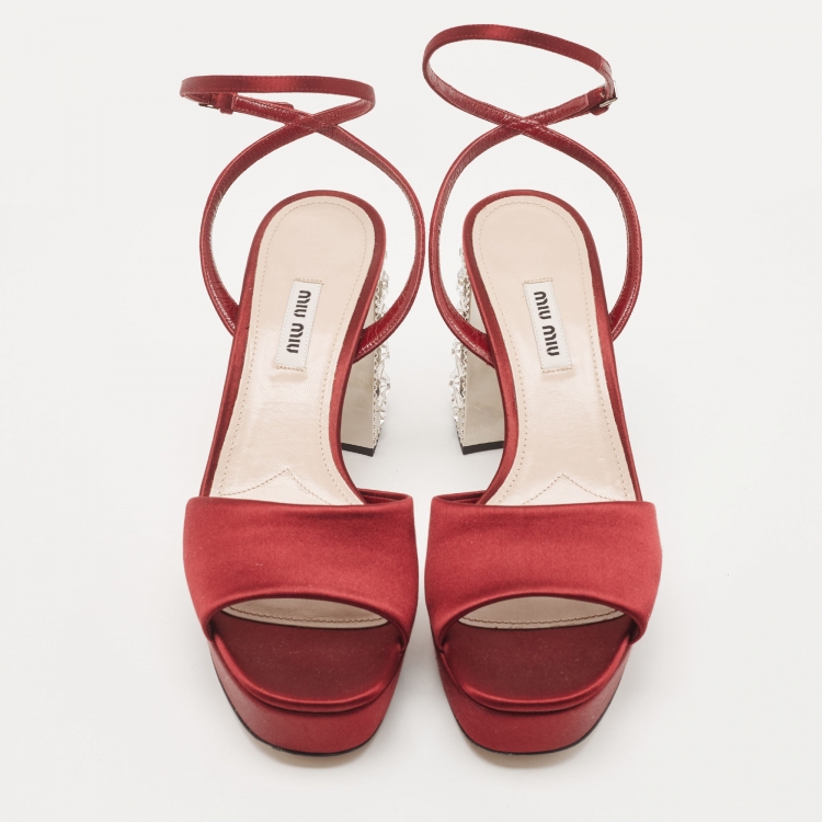Pre Owned Miu Miu Burgundy Satin Crystal Heel Ankle Strap Sandals Size 39.5
