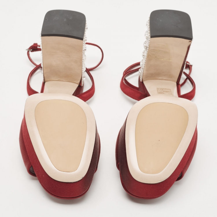Pre Owned Miu Miu Burgundy Satin Crystal Heel Ankle Strap Sandals Size 39.5