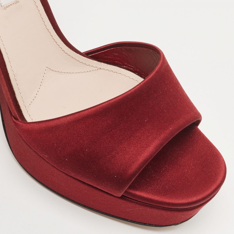 Pre Owned Miu Miu Burgundy Satin Crystal Heel Ankle Strap Sandals Size 39.5