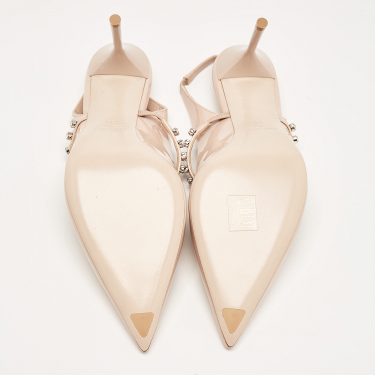 Pre Owned Miu Miu Beige Patent Leather Crystal Embellished Slingback Pumps Size 39