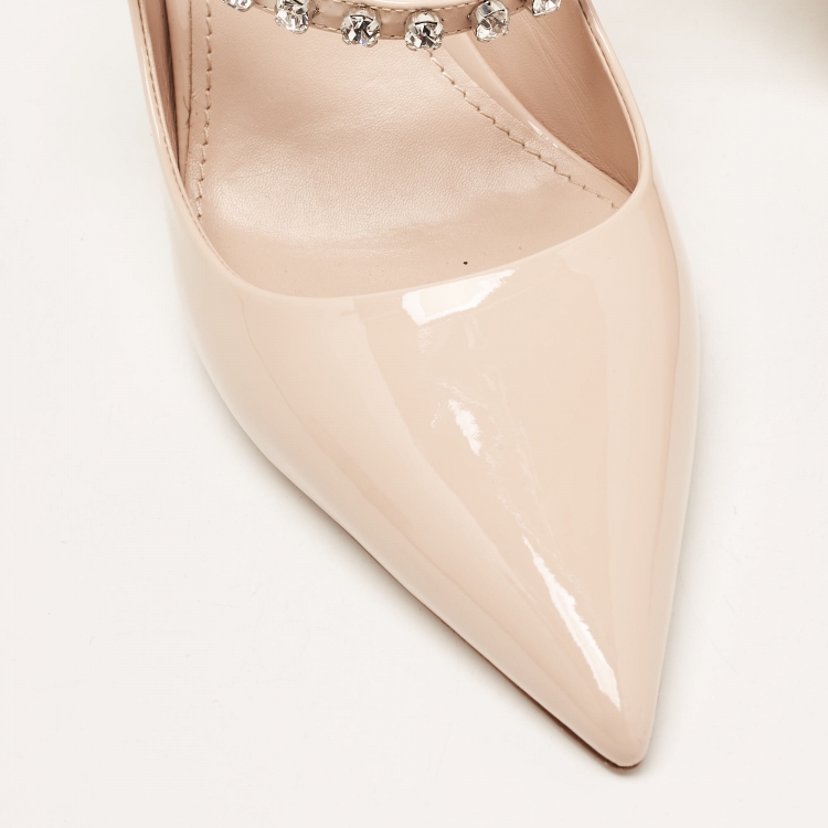 Pre Owned Miu Miu Beige Patent Leather Crystal Embellished Slingback Pumps Size 39