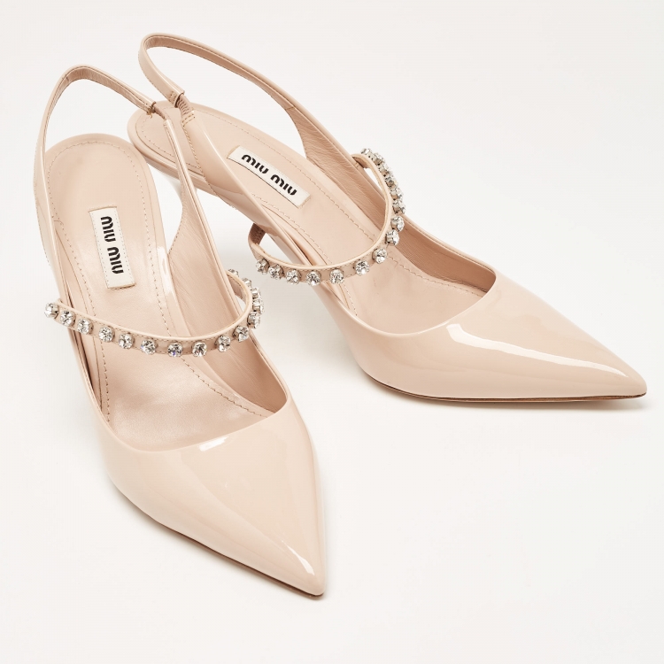 Pre Owned Miu Miu Beige Patent Leather Crystal Embellished Slingback Pumps Size 39