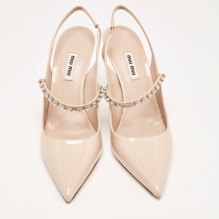 Pre Owned Miu Miu Beige Patent Leather Crystal Embellished Slingback Pumps Size 39