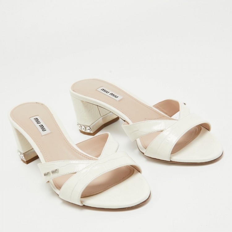 Pre Owned Miu Miu Off White Embossed Croc Crystal Embellished Heel Slide Sandals Size 40