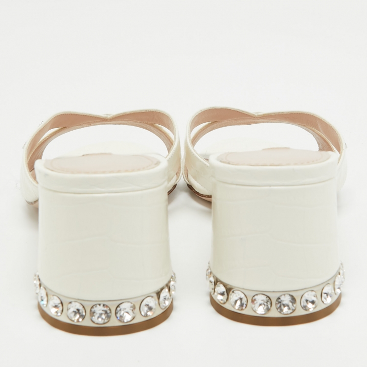 Pre Owned Miu Miu Off White Embossed Croc Crystal Embellished Heel Slide Sandals Size 40