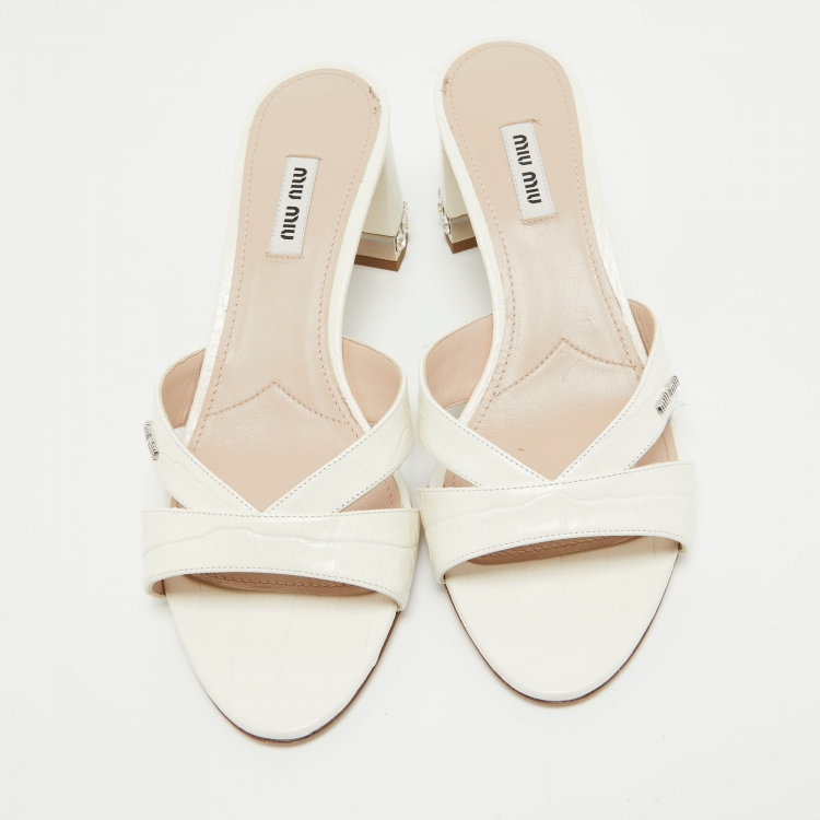 Pre Owned Miu Miu Off White Embossed Croc Crystal Embellished Heel Slide Sandals Size 40