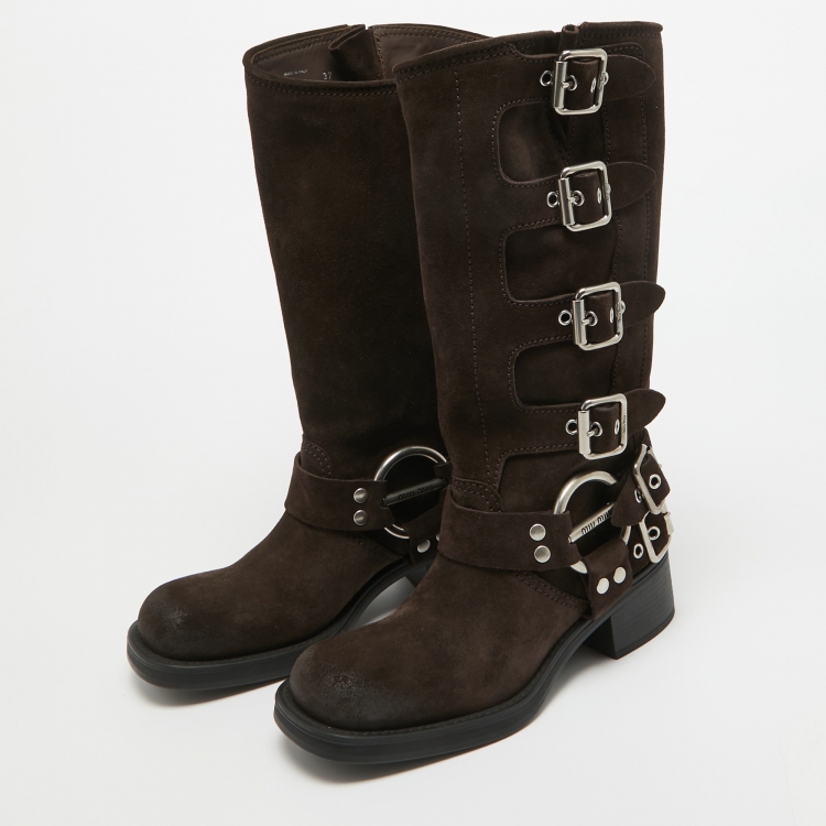 Pre Owned Miu Miu Brown Suede Mid Calf Length Moto Boots Size 37