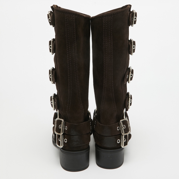 Pre Owned Miu Miu Brown Suede Mid Calf Length Moto Boots Size 37