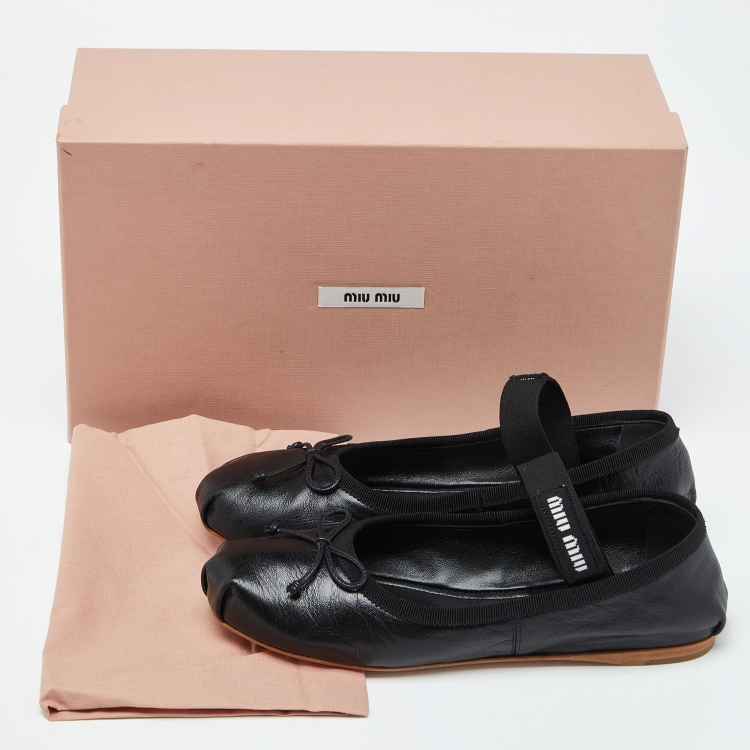 Pre Owned Miu Miu Black Leather Belt Ballerina Flats Size 36