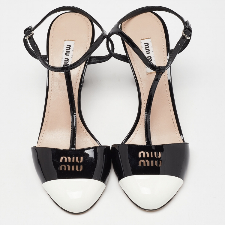 Pre Owned Miu Miu Black/White Patent Leather Ankle Strap Sandals Size 38.5