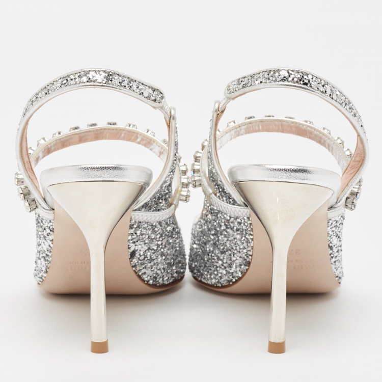 مملوكة مسبقًا Miu Miu Silver Glitter Crystal Embellished Slingback Pumps Size 37.5