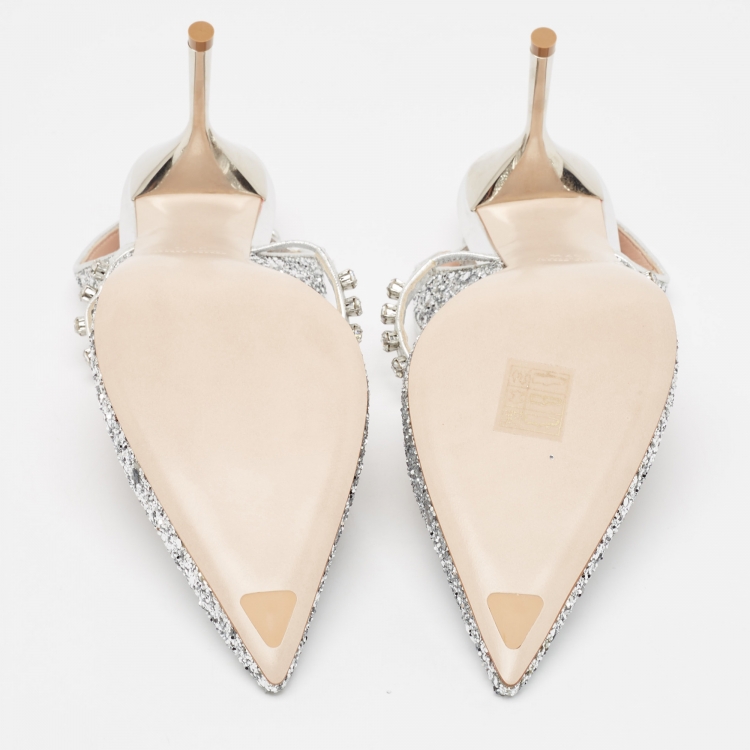 مملوكة مسبقًا Miu Miu Silver Glitter Crystal Embellished Slingback Pumps Size 37.5