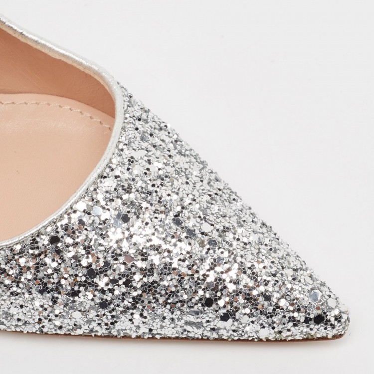 مملوكة مسبقًا Miu Miu Silver Glitter Crystal Embellished Slingback Pumps Size 37.5