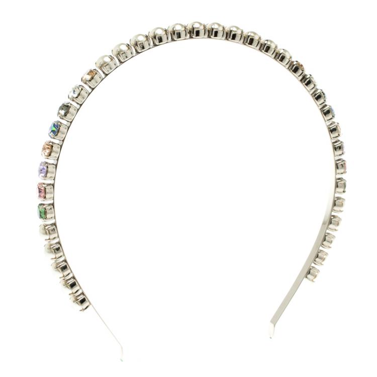 Pre Owned Miu Miu Multicolor Crystals Palladium Finish Metal Headband