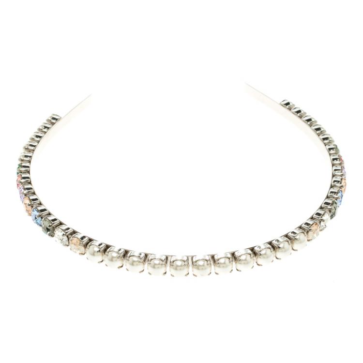 Pre Owned Miu Miu Multicolor Crystals Palladium Finish Metal Headband